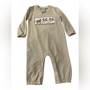 Three Sisters Baby Smocked Romper Hunting Ducks/Dog Beige Cotton Long Sleeve 18M